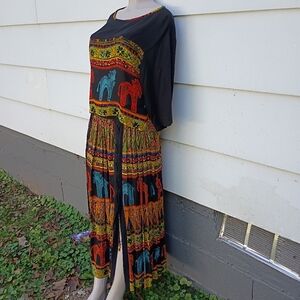 Vintage Two Piece Ethnic Animal and Floral Print Skirt Set